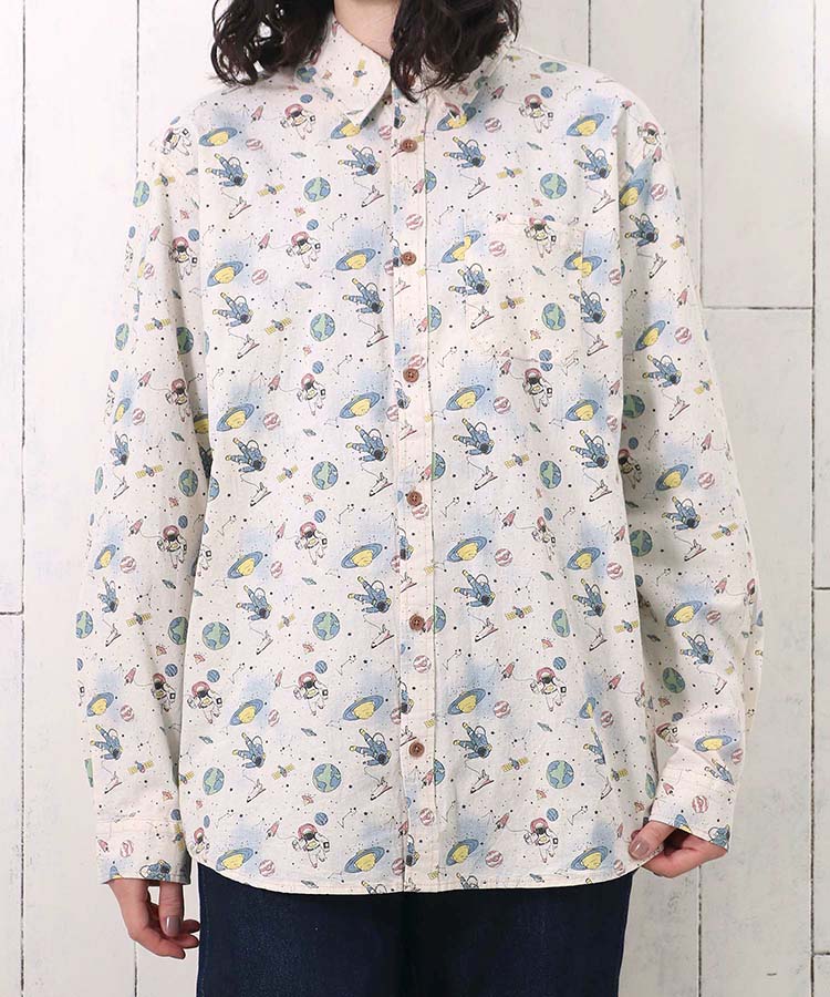 イラストプリントシャツ シャツ ブラウス 長袖 長袖シャツ 長袖