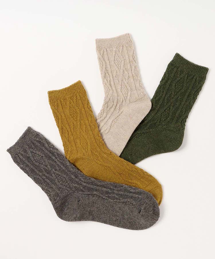 カシミアウールケーブル編みダイヤ柄クルーソックス ソックス 靴下