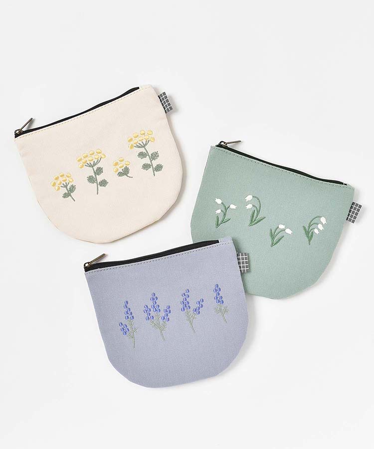フラワー刺繍半月ポーチ ポーチ 小物入れ 携帯小物 ミモザ スズラン