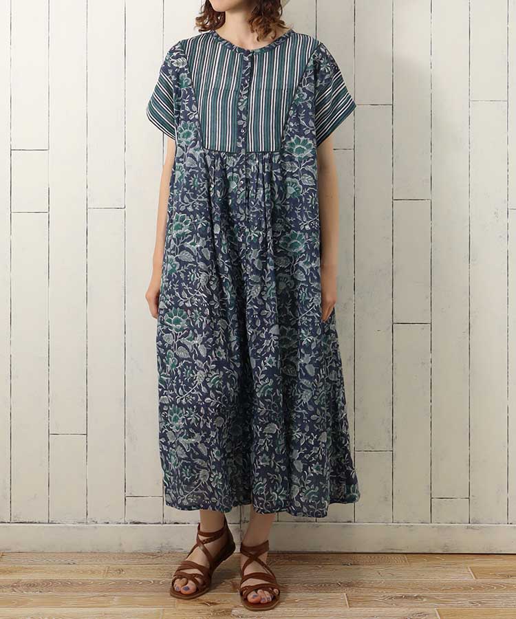 ブロックプリントワンピース ワンピース 半袖 半袖ワンピース パープル