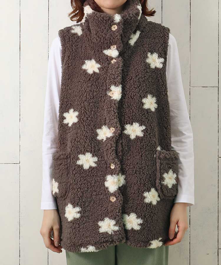 フラワー襟付きボアベスト ルームウェア ベスト 部屋着 おうち時間