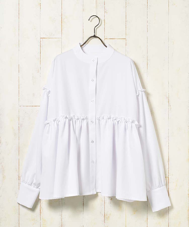 スパンブロードギャザークルーネックブラウス ブラウス 長袖 長袖