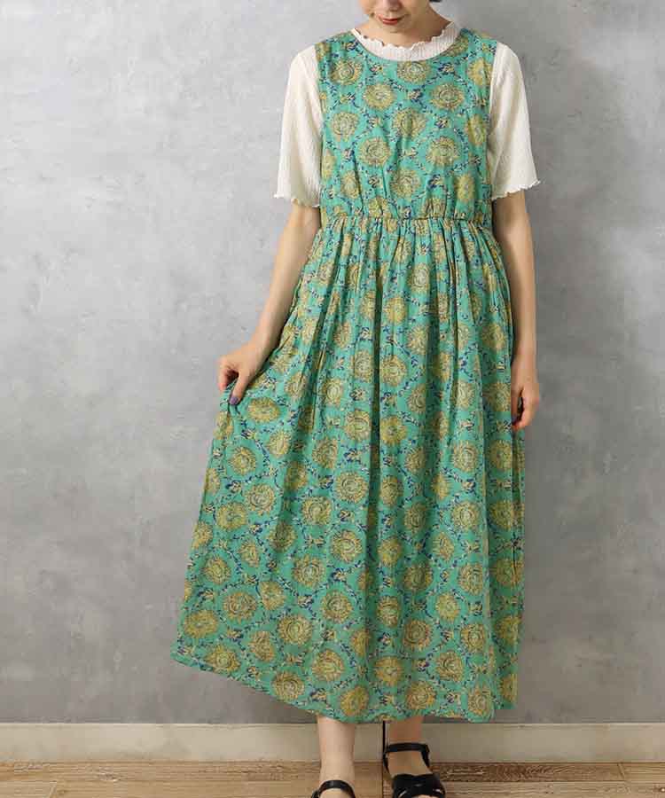 袖なし総柄ワンピース25NO3 ワンピース 半袖 半袖ワンピース