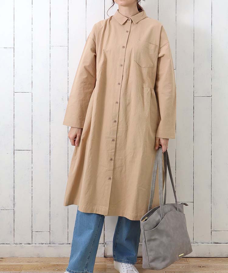ロングシャツワンピース ワンピース 長袖 長袖ワンピース ベージュ
