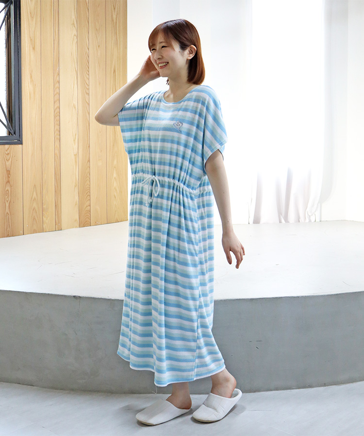 パイルボーダー刺繍ワンピ パジャマ 部屋着 ルームウェア ブルーエ