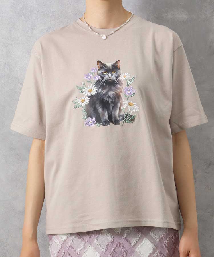 le petaleクロネコフラワー刺繍Tシャツ カットソー Tシャツ シャツ